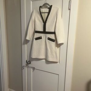 Maje Cream and Black Tweed V-Neck Dress